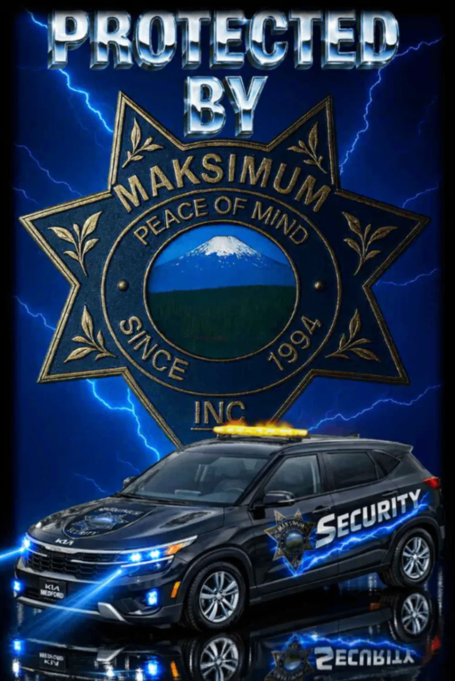 Complete original 2026 Maksimum Inc. poster with the marked Kia security vehicle, Maksimum Security badge, blue lightning, and full artwork wording